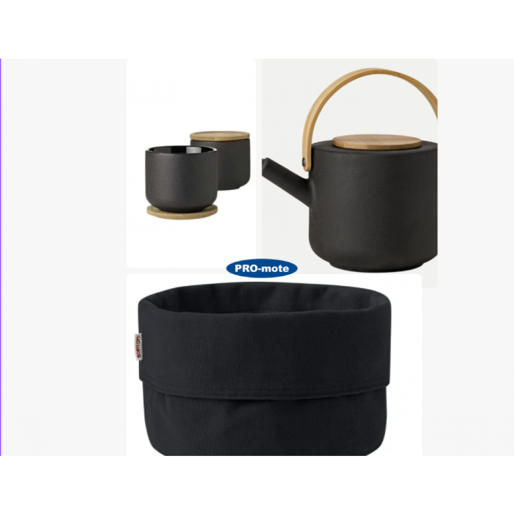 Stelton Theo tekande 1,2 l. sort og Theo kop med coaster 4 stk samt Stelton brødpose